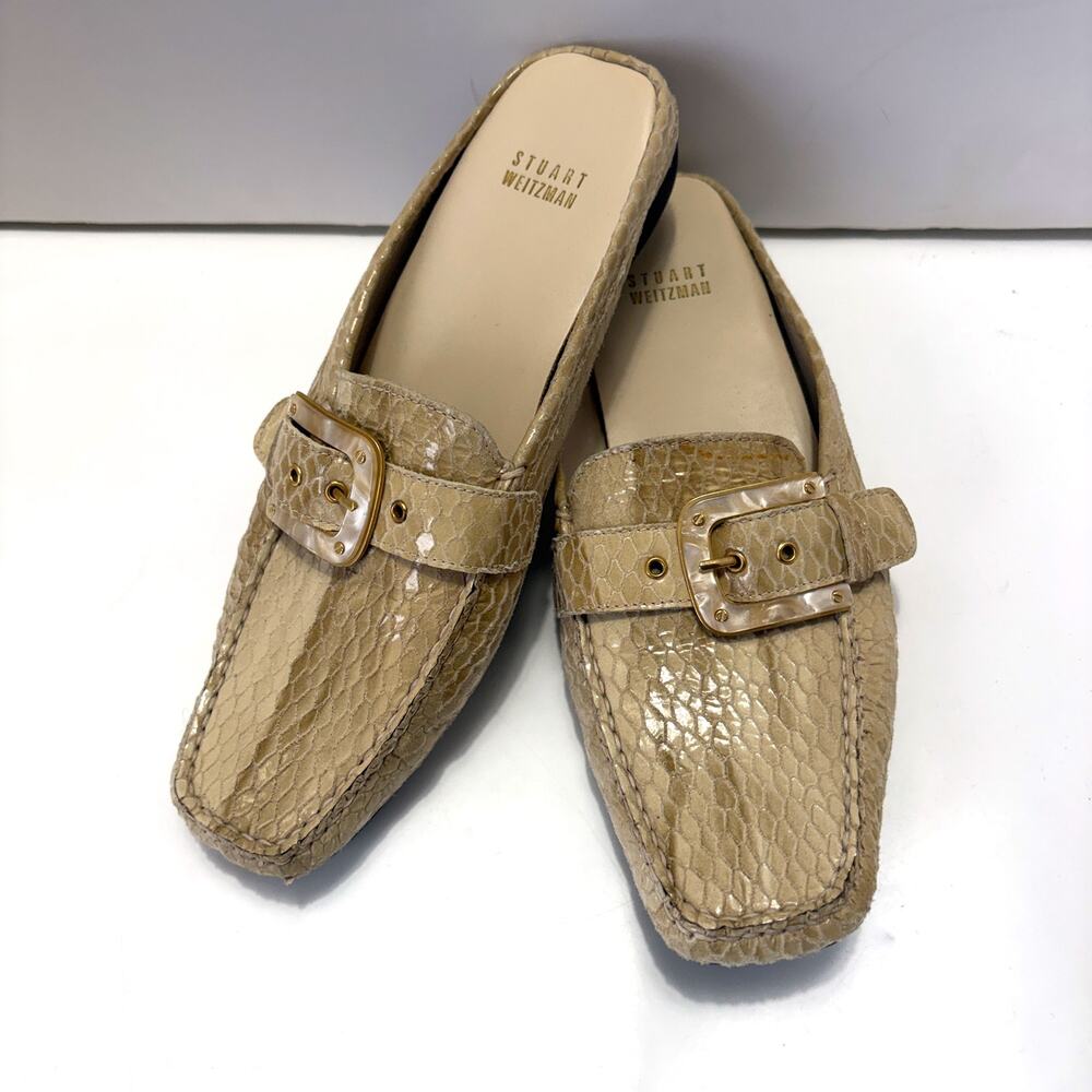 Stuart Weitzman Snake Embossed Leather Buckle Mule Loafers Beige Size 8.5 M